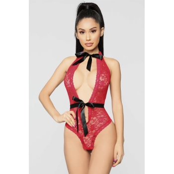 Sana Ne Lazımdı Kırmızı Boyun ve Bel Kısmı Fiyonklu Babydoll