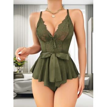 Sana Ne Lazımdı Koyu Yeşil Dantel İşlemeli Kurdelalı Fantezi Tül Babydoll