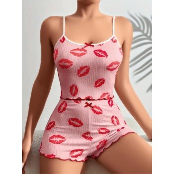 Sana Ne Lazımdı Pamuklu Kiss Öpücük Desen Pembe Şortlu Pijama Takımı