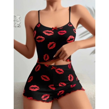 Sana Ne Lazımdı Pamuklu Kiss Öpücük Desen Siyah Fitilli Şortlu Pijama Takımı