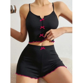 Sana Ne Lazımdı Pamuklu Siyah Üstüne Pembe Kurdelalı Fitilli Askılı Şortlu Pijama Takımı