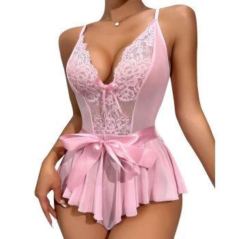 Sana Ne Lazımdı Pembe Dantel İşlemeli Kurdelalı Fantezi Tül Babydoll