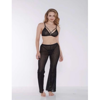 Sana Ne Lazımdı Siyah Çizgili Transparan Göğüs İp Detaylı Fantezi Sütyen Pijama Takımı