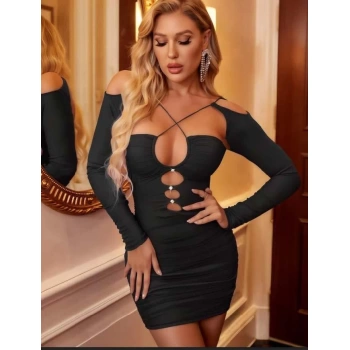 Sana Ne Lazımdı Siyah Göğüs Dekolteli İp Detaylı Mini Club Elbisesi