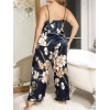 Sana Ne Lazımdı Büyük Beden Mavi Üstüne Çiçek Desenli İnce Askılı 2li Saten Pijama Takımı