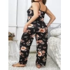 Sana Ne Lazımdı Büyük Beden Siyah Üstüne Çiçek Desenli İnce Askılı 2li Pijama Takımı