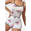 Sana Ne Lazımdı Pamuklu Beyaz Üstüne Pelikan Desen Fitilli Askılı Şortlu Pijama Takımı