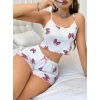 Sana Ne Lazımdı Pamuklu Beyaz Üstüne Pembe Kurdela Desenli Fitilli Askılı Şortlu Pijama Takımı