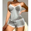 Sana Ne Lazımdı Pamuklu Dantel İşlemeli Gri Askılı Şortlu Pijama Takımı