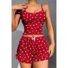 Sana Ne Lazımdı Pamuklu Kırmızı Üstüne Beyaz Kalp Desen Fitilli Askılı Şortlu Pijama Takımı
