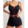 Sana Ne Lazımdı Pamuklu Siyah Üstüne Pembe Kurdelalı Fitilli Askılı Şortlu Pijama Takımı