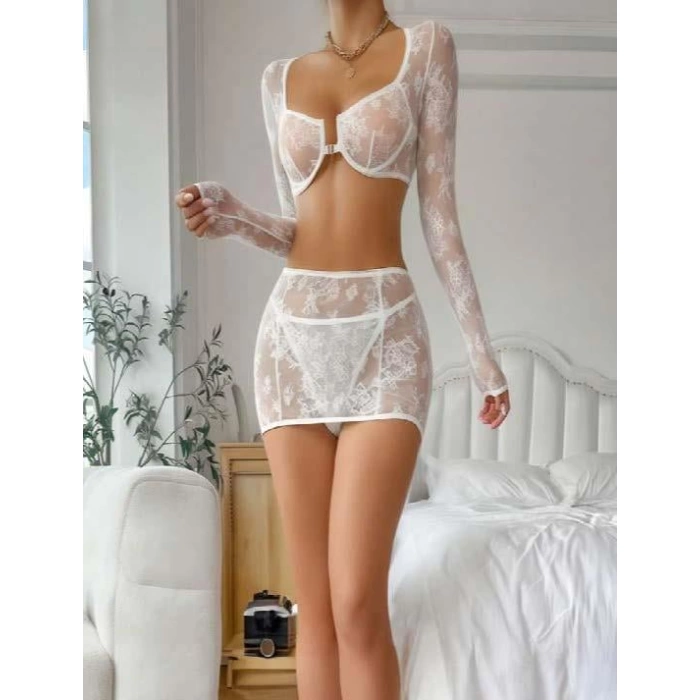 Sana Ne Lazımdı Beyaz Dantelli Tül Etekli Fantezi Bolero Takım