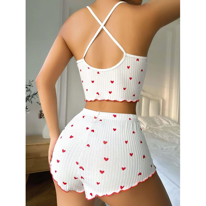Sana Ne Lazımdı Beyaz Fiyonk Desenli Kalpli Askılı Şortlu Pijama Takım