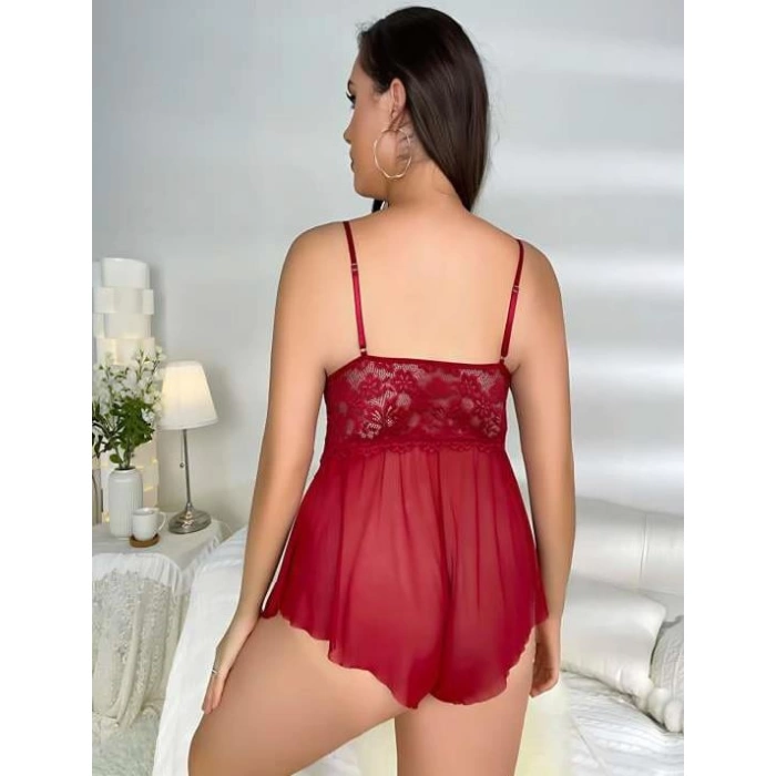 Sana Ne Lazımdı Büyük Beden Bordo Dantel İşlemeli Fırfırlı Fantezi Babydoll