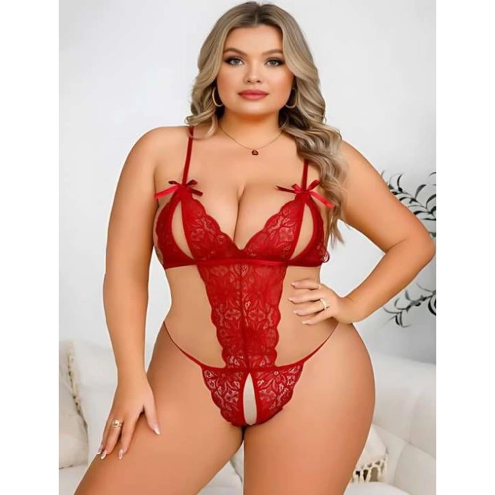 Sana Ne Lazımdı Büyük Beden Kırmızı Dantel İşlemeli Dekolteli Fantezi Babydoll