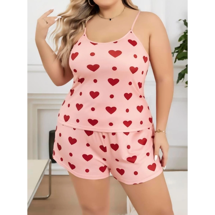 Sana Ne Lazımdı Büyük Beden Pembe Kalp Desen Pamuklu Şortlu Pijama Takımı