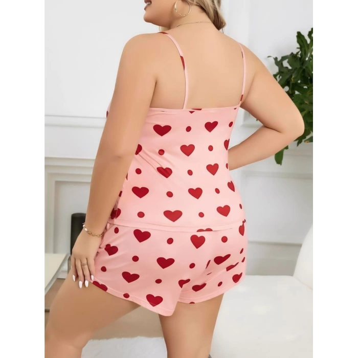 Sana Ne Lazımdı Büyük Beden Pembe Kalp Desen Pamuklu Şortlu Pijama Takımı