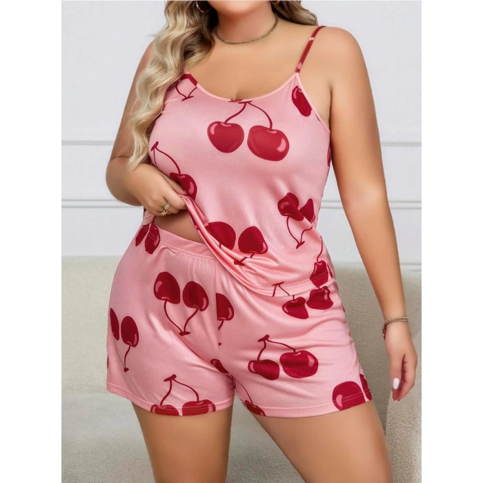 Sana Ne Lazımdı Büyük Beden Pembe Kiraz Desen İnce Askılı Pamuklu Şortlu Pijama Takımı