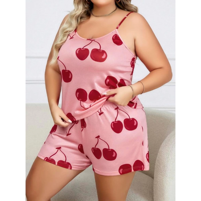 Sana Ne Lazımdı Büyük Beden Pembe Kiraz Desen İnce Askılı Pamuklu Şortlu Pijama Takımı