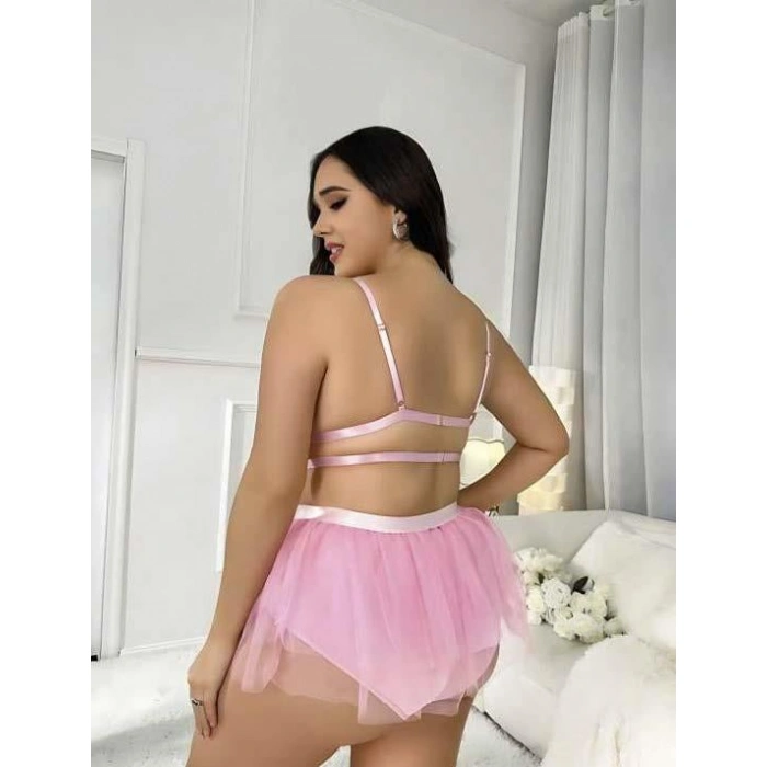 Sana Ne Lazımdı Büyük Beden Pembe Tül Etekli Mini Fantezi Takım