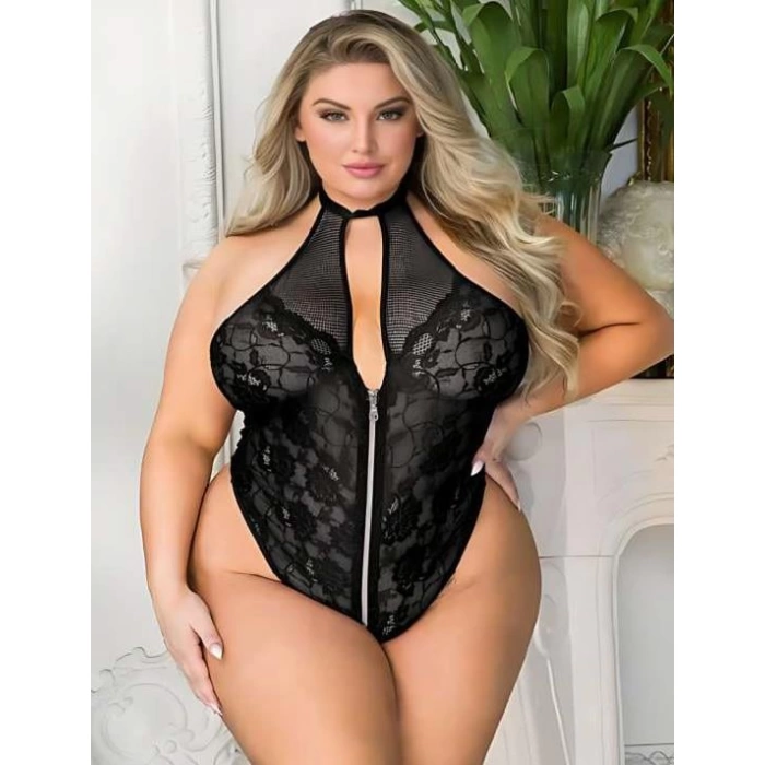 Sana Ne Lazımdı Büyük Beden Siyah Dantel İşlemeli Fermuarlı Fantezi Babydoll