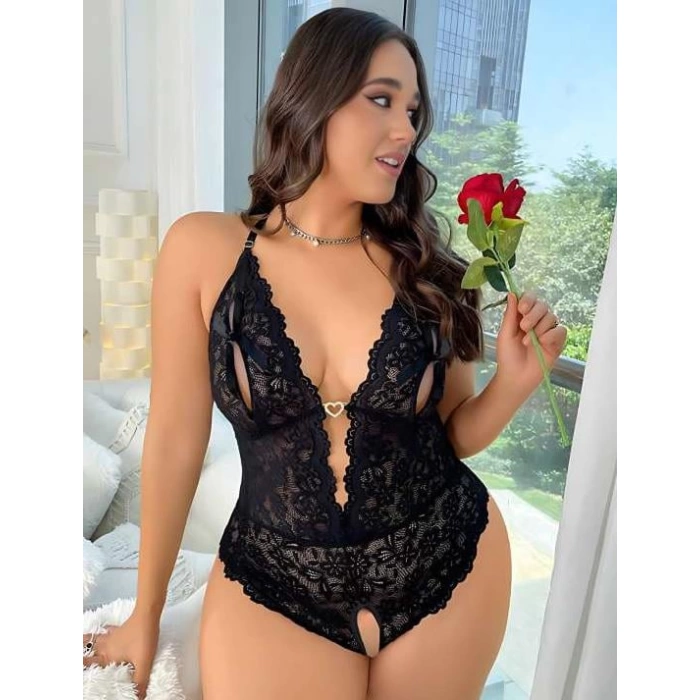 Sana Ne Lazımdı Büyük Beden Siyah Dantel İşlemeli Özel Bölgesi Açık Fantezi Babydoll