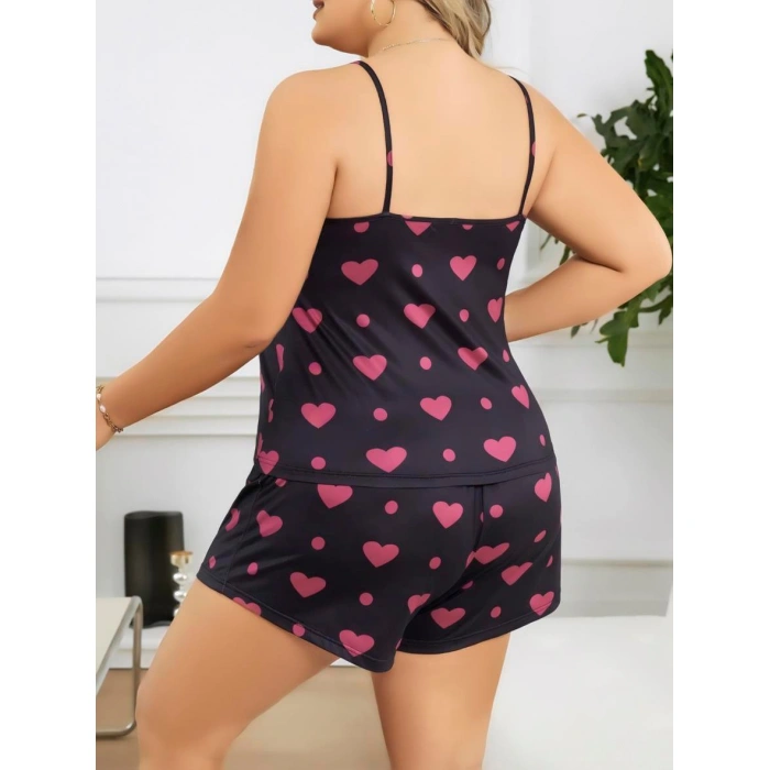 Sana Ne Lazımdı Büyük Beden Siyah Kalp Desen İnce Askılı Pamuklu Şortlu Pijama Takımı