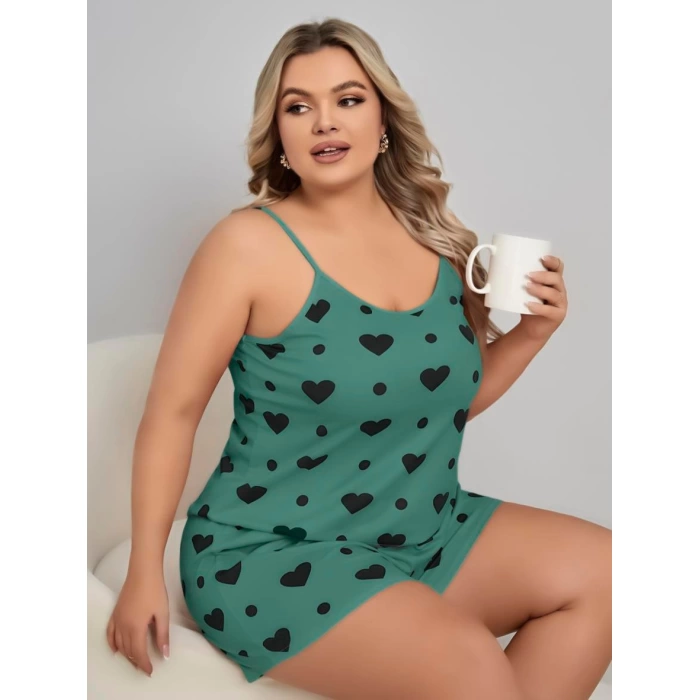 Sana Ne Lazımdı Büyük Beden Yeşil Kalp Desen Pamuklu Şortlu Pijama Takımı