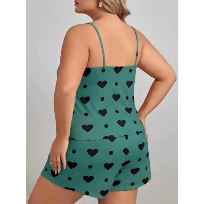 Sana Ne Lazımdı Büyük Beden Yeşil Kalp Desen Pamuklu Şortlu Pijama Takımı