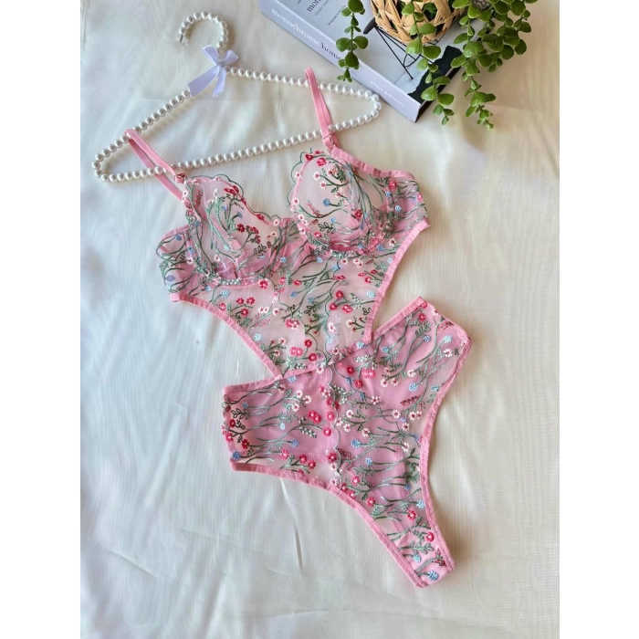 Sana Ne Lazımdı Çiçek Dal Desenli Pembe Bodysuit