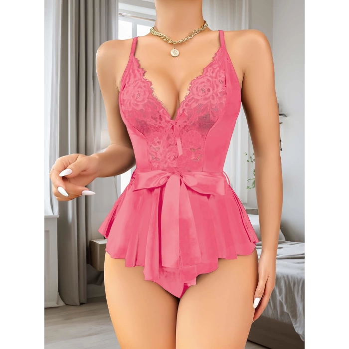Sana Ne Lazımdı Gül Kurusu Dantel İşlemeli Kurdelalı Fantezi Tül Babydoll