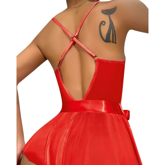 Sana Ne Lazımdı Kırmızı Dantel İşlemeli Kurdelalı Fantezi Tül Babydoll