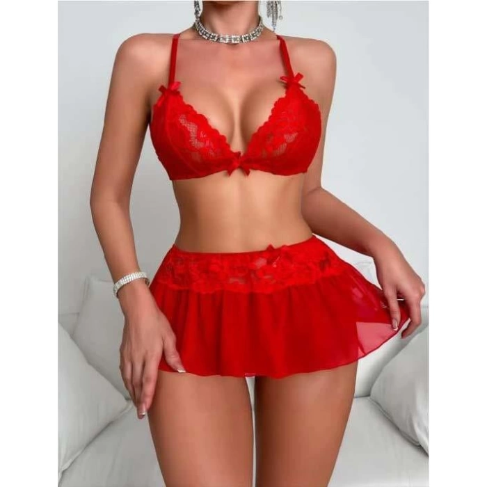 Sana Ne Lazımdı Kırmızı Transparan Fantezi Etekli Bolero Sütyen Takım