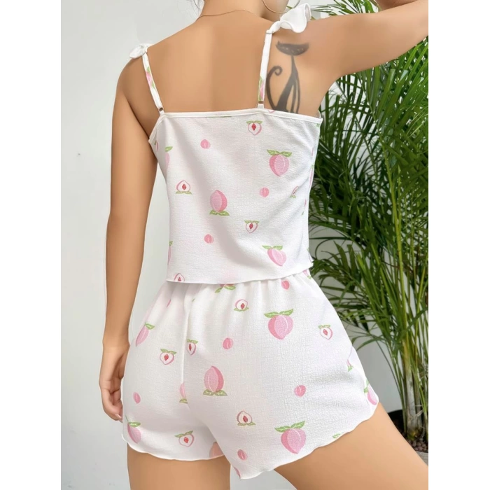 Sana Ne Lazımdı Pamuklu Beyaz Üstüne Çiçek Desen Fırfır Askılı Şortlu Pijama Takımı