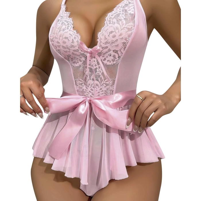 Sana Ne Lazımdı Pembe Dantel İşlemeli Kurdelalı Fantezi Tül Babydoll