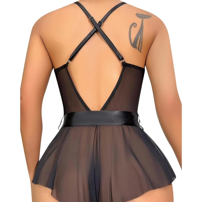 Sana Ne Lazımdı Siyah Dantel İşlemeli Kurdelalı Fantezi Tül Babydoll