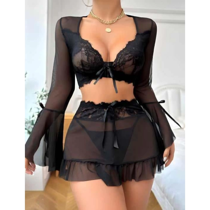 Sana Ne Lazımdı Siyah Dantelli Etekli Fantezi Tül Bolero Sütyen Takım