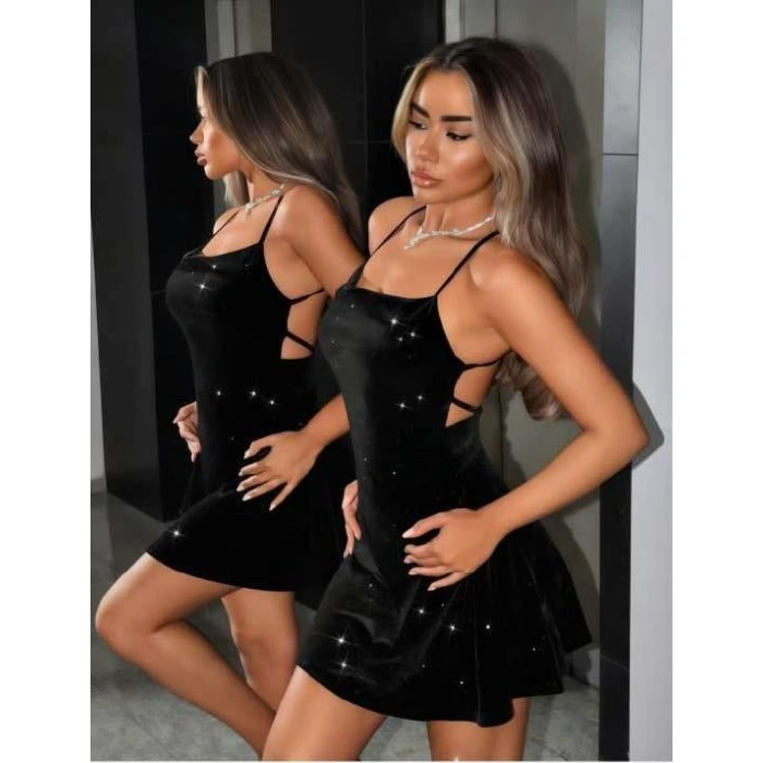 Sana Ne Lazımdı Siyah Sırt Dekolteli Simli Fantezi Mini Club Elbisesi