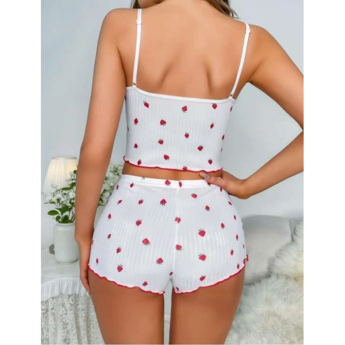 Sana Ne Lazımdı Beyaz Çilek Desenli Askılı Şortlu Pijama Takımı