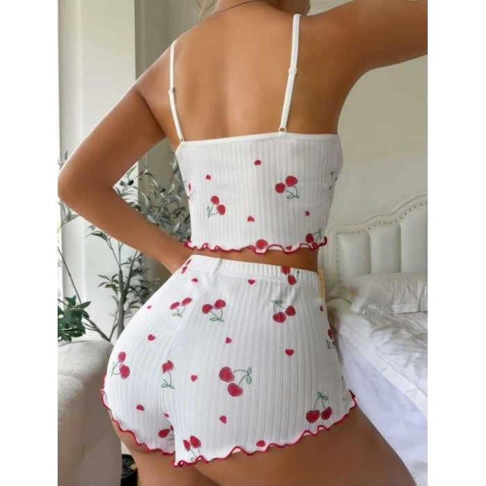 Sana Ne Lazımdı Beyaz Kiraz Desenli Askılı Şortlu Pijama Takımı