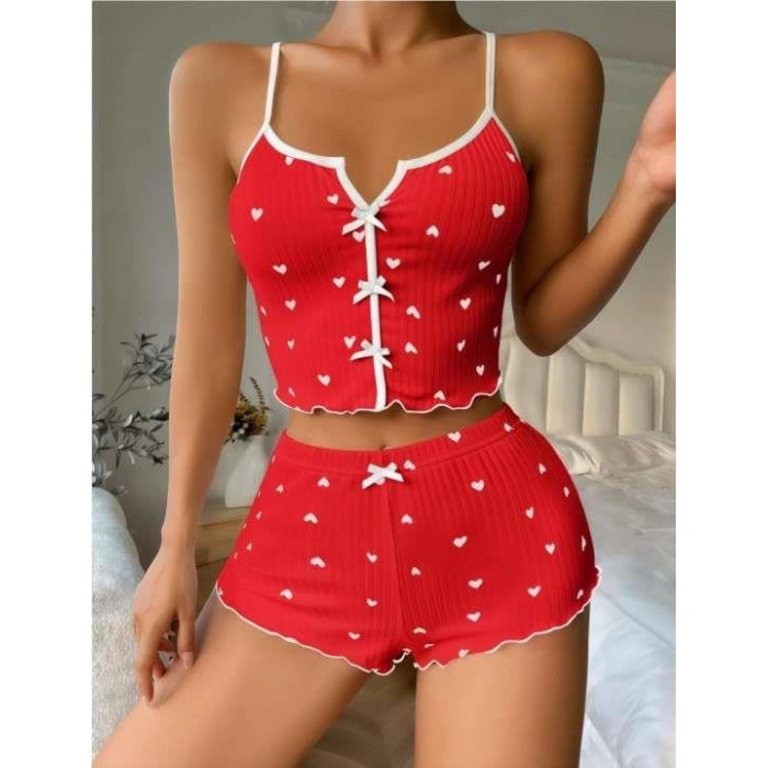 Sana Ne Lazımdı Kırmızı Üstüne Beyaz Kalp Desenli Askılı Şortlu Pijama Takımı