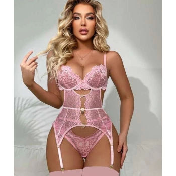 Sana Ne Lazımdı Kalp Aksesuarlı Dantelli Fantezi Pembe Jartiyer Takım