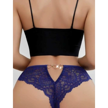 Sana Ne Lazımdı Mavi Dantel İşlemeli Arkası Kalp Detaylı Fantezi String Tanga