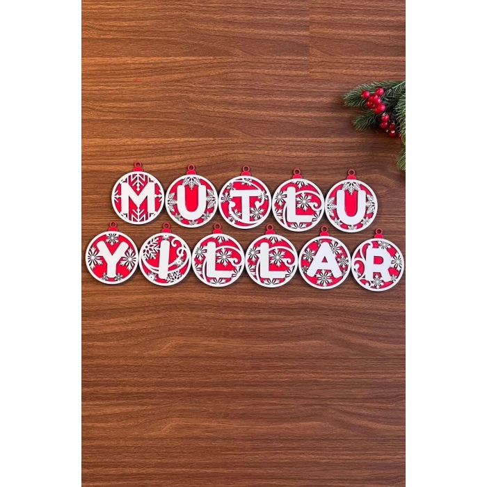11 Harfli Kırmızı Beyaz İpli MUTLU YILLAR Yazılı Ahşap Yılbaşı Ağaç Süsü (5124)