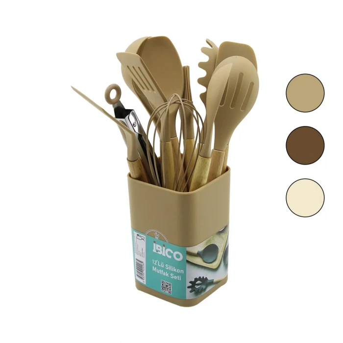 11PCS+KOVA SİLİKON MUTFAK SETİ BAMBU SAP 3-KAŞIK- 3-SPATULA- 1-KEVGİR- 1-KEPÇE- 1-MAŞA- 1-ÇRPC- 1-FRÇ (5124)