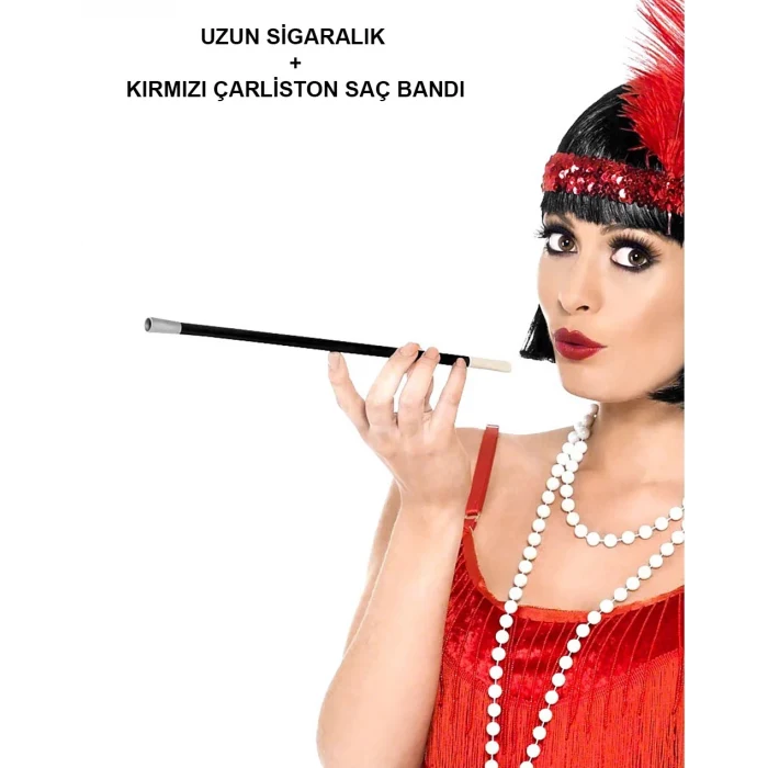 1920&apos;ler 1990&apos;lar Gatsby Kadın Aksesuar Seti – Kırmızı Charleston Saç Bandı ve Sigaralık (5124)