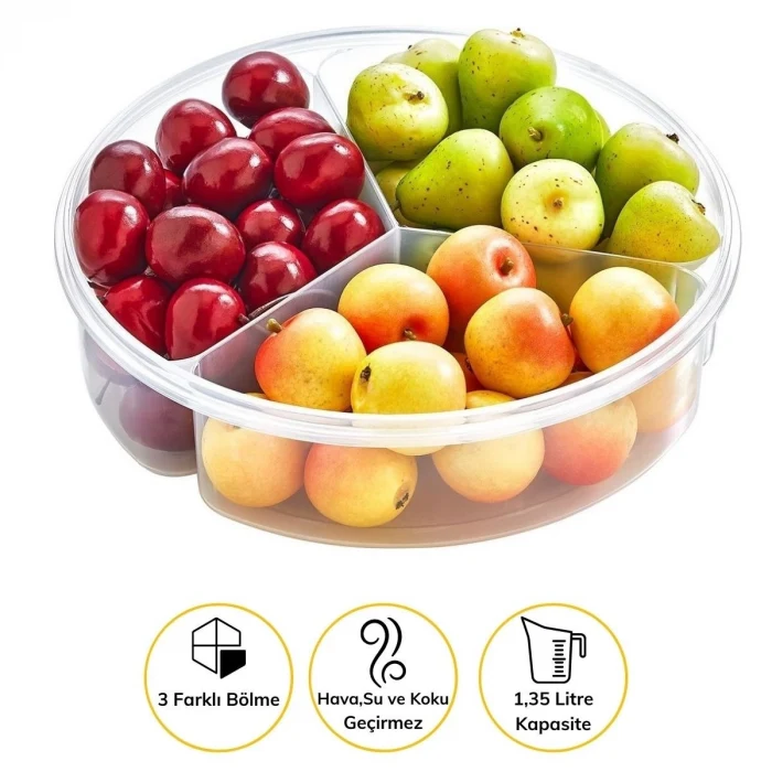 3 Bölmeli Sızdırmaz Contalı Kilitli Kapaklı 1,35 Litre yuvarlak Erzak Saklama Kabı LC-500 (5124)
