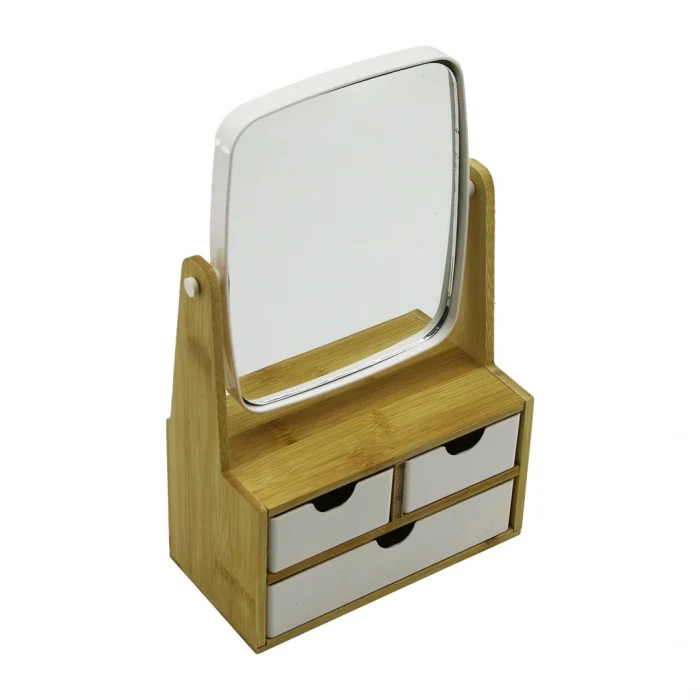 3 ÇEKMECELİ BAMBU AHŞAP STANDLI=9X9.5X18X21.5CM MAKYAJ AYNASI=15X18CM TAKILIK 2+1 ORGANİZER (5124)
