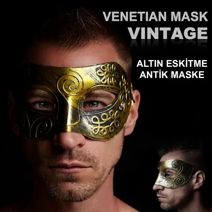 Altın Eskitme Yüz Maskesi - Antik Tarz Balo Maskesi (5124)