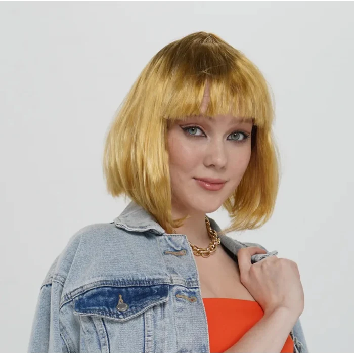 Altın Renk Düz Kesim Küt Parti Peruğu Kısa Takma Saç (5124)